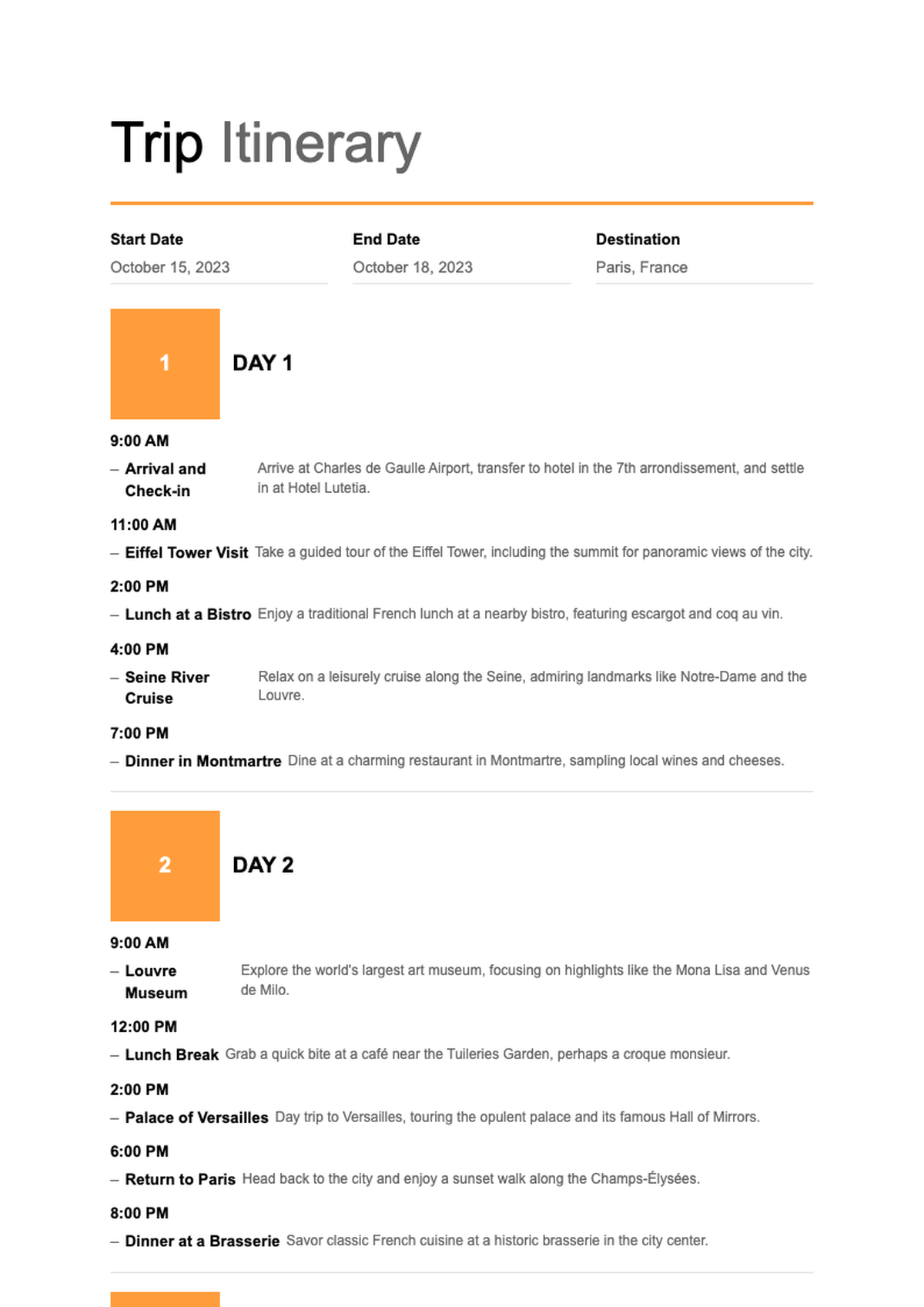 Colorful trip itinerary template with daily schedule and activity breakdown_variant_1